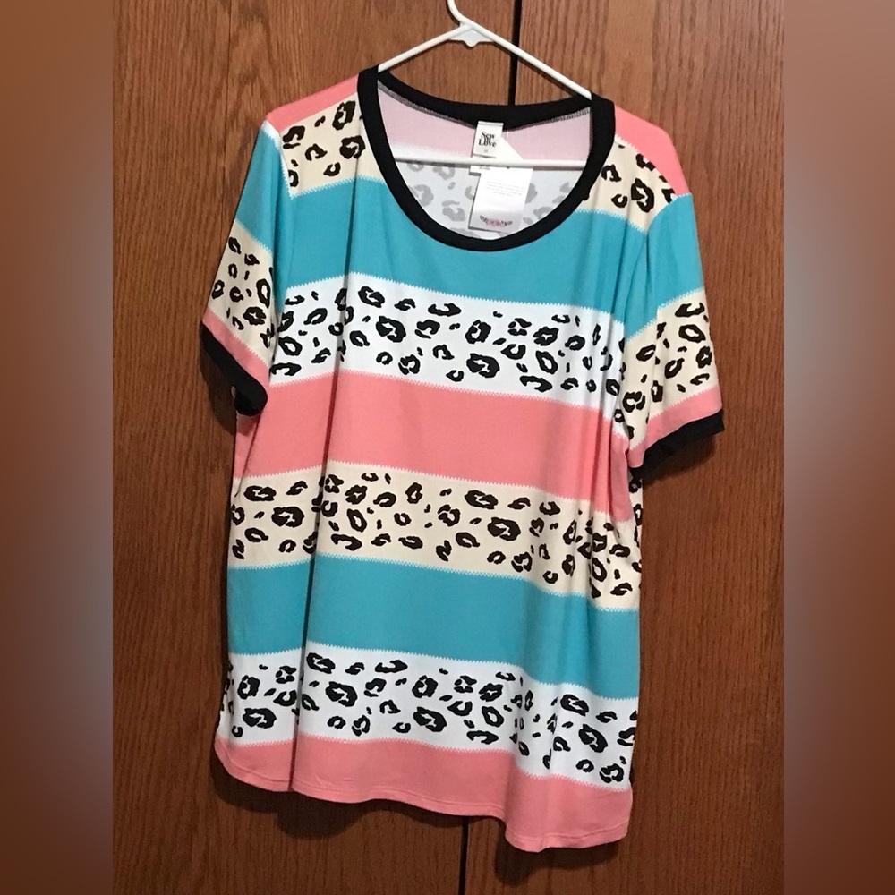 NWT Sew In Love Size 3x Striped Leopard-Print Short Sleeve Top Shirt